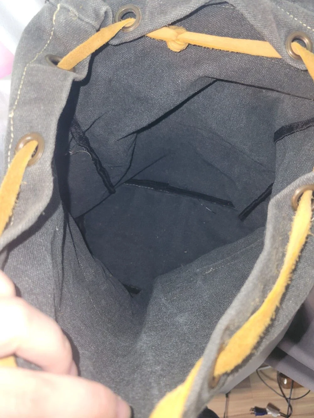 Olive/Gray Canvas Backpack with Leather Draw String (Altered)